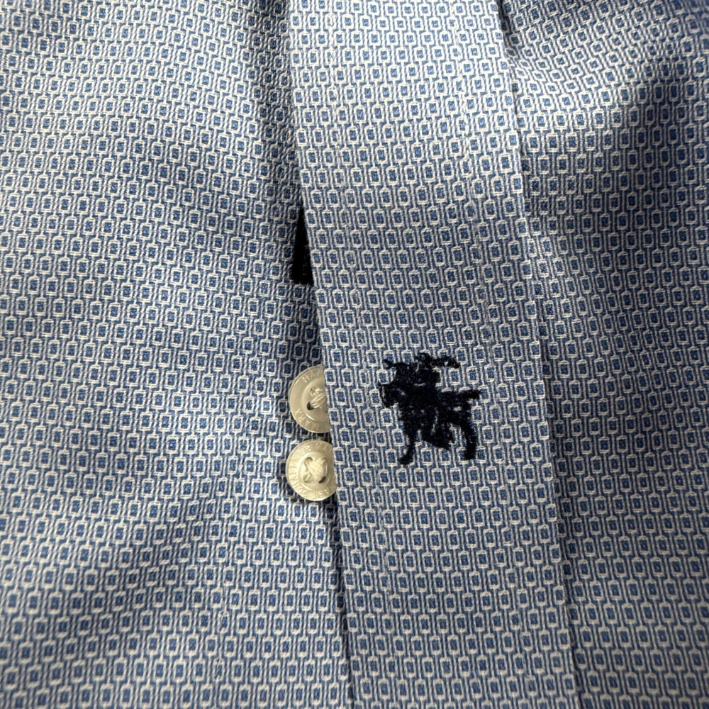 Hart Schaffner Marx Mens 16.5 33 Pima Cotton Non-Iron Blue Geometric Dress Shirt - Picture 10 of 11